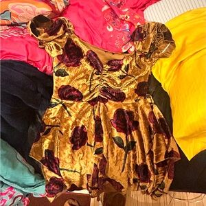Dolls Kill Current Mood Chasin' Rainbows mini dress in gold floral velvet